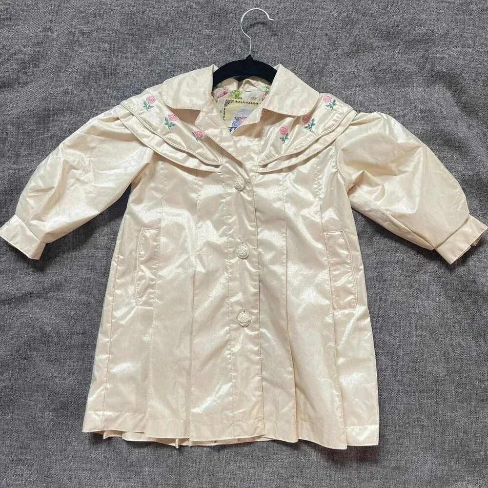 VTG F.W. Fischer‎ Outerwear Raincoat Cream Baby Embroidered Floral 2(S) Pleated